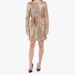 Ramy Brook Helen Gold Sequin Stardust Long Sleeve Shift Dress Party Cocktail L